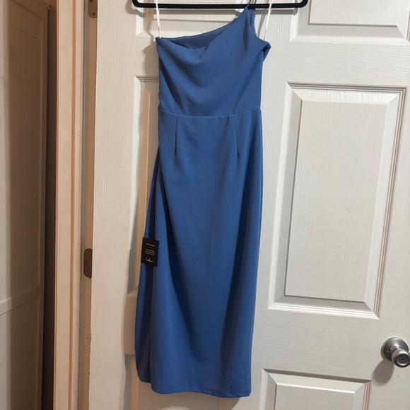 Lulus Elegant Allure Slate Blue One-Shoulder Midi Dress - Picture 2 of 3